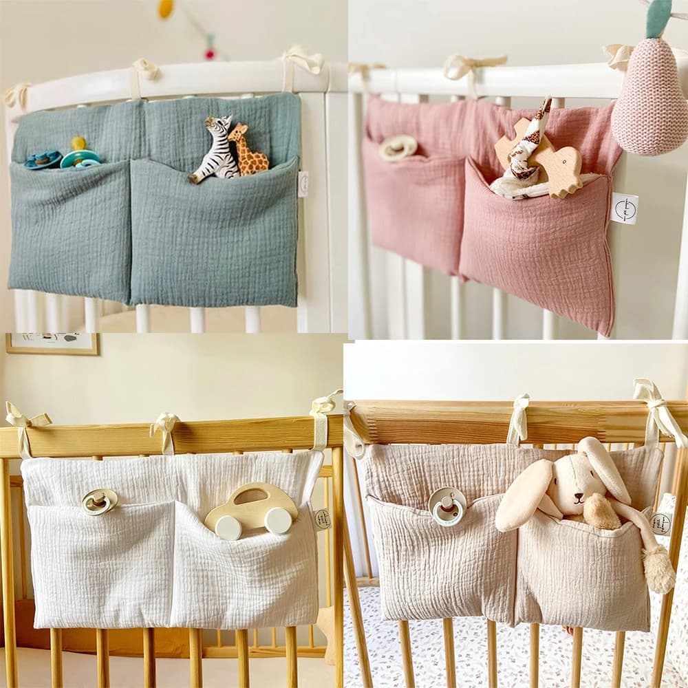 Organizer per Culla, Borsa Portaoggetti per Lettino con 2 Tasche, Organizzatore da Appendere al Letto per Pannolini, Giocattoli e Vestiti
