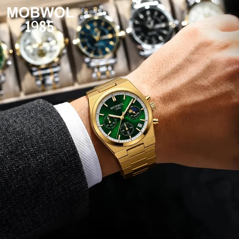 MOBWOL Orologi di lusso originali per uomo Cronografo multifunzionale con data Orologio da uomo al quarzo Orologio da uomo d'affari in acciaio inossidabile dorato