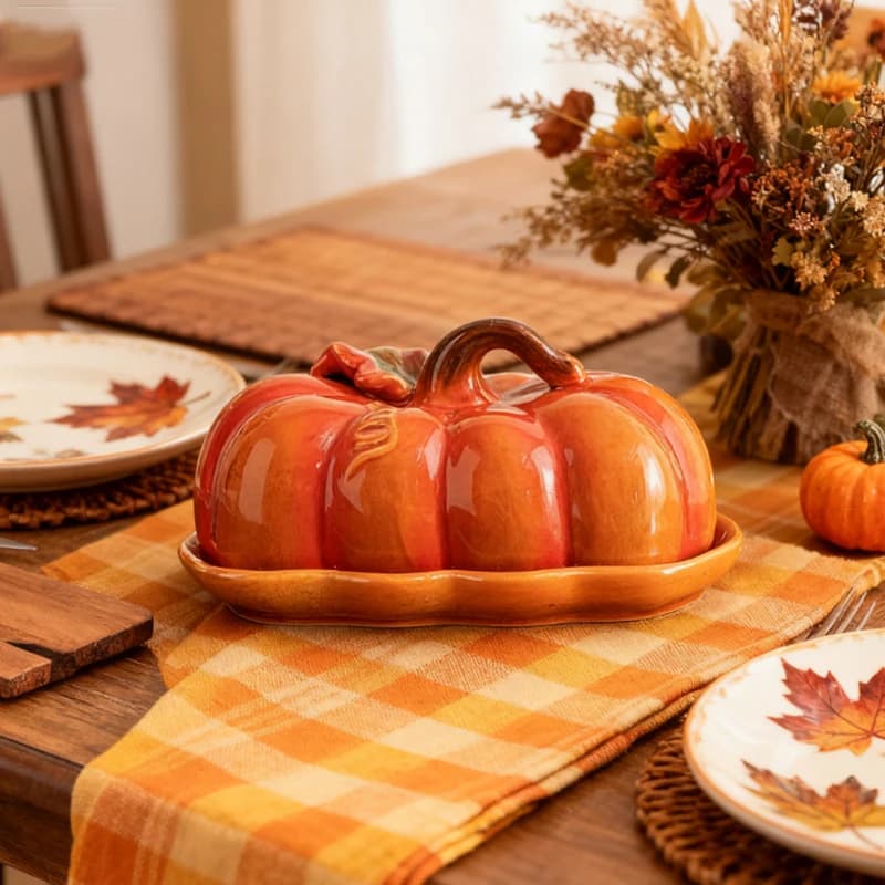 Piatto da burro in ceramica a forma di zucca con coperchio Torta di pane Frutta secca Caramelle Burro Piatto da bistecca Stoviglie decorative di Halloween