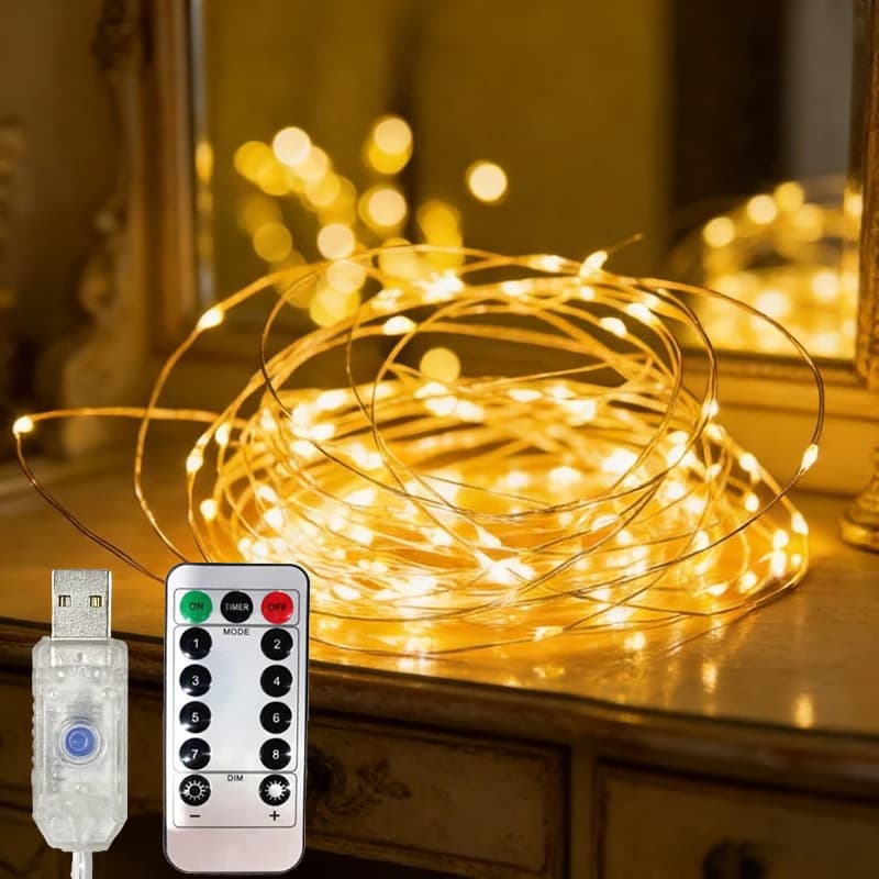 Luci Fatate LED USB con Filo in Rame/Argento e Telecomando, Ghirlanda per Matrimoni, Decorazione per Albero di Natale e Camera da Letto