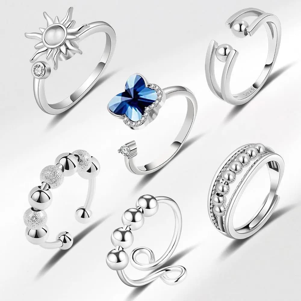 SMJEL Anello Antistress a Fiore di Cristallo per Donne, Regolabile, Aperto, con Fidget Spinner, Rilassante e Decompressivo