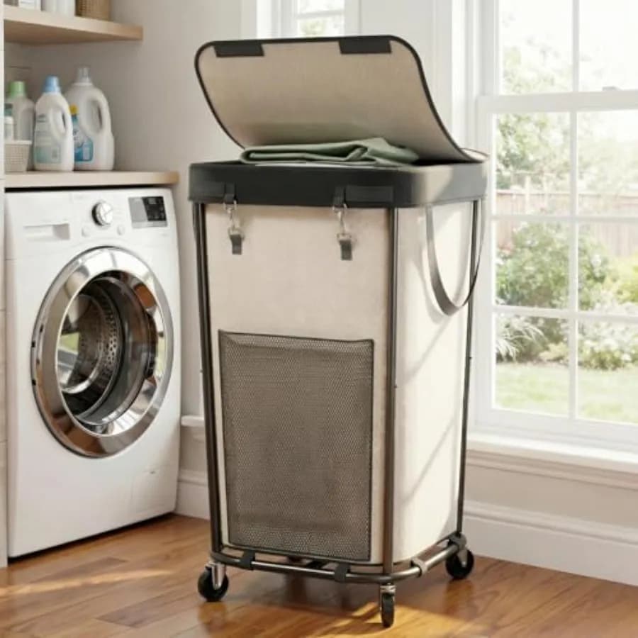 Cesto per Bucato con Coperchio e Ruote, Design con Sacco Rimovibile per Uso Quotidiano in Bagno e Lavanderia