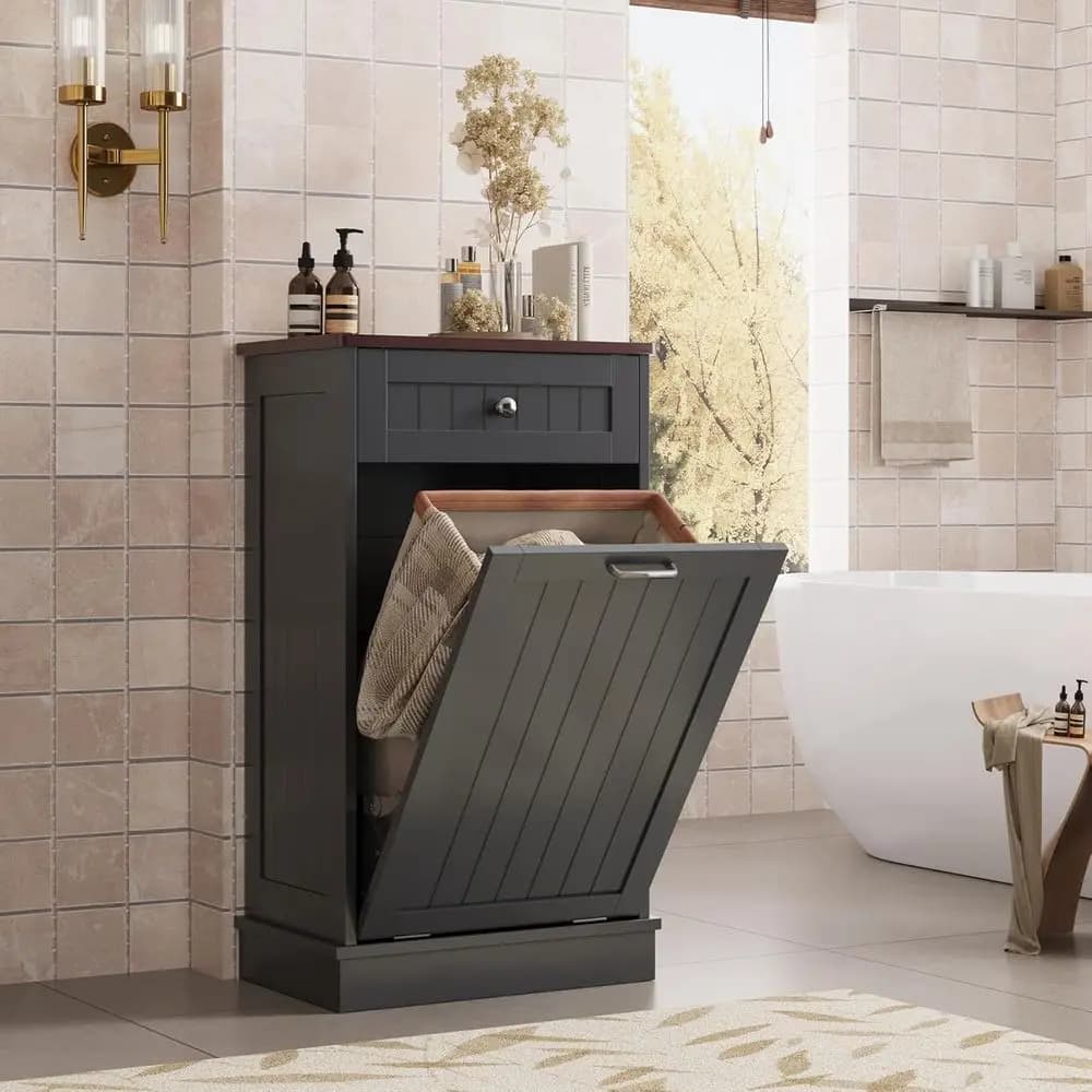 Mobiletto porta rifiuti da cucina in legno, contenitore per la raccolta differenziata, cesto per biancheria con piano in legno massello e alta resistenza