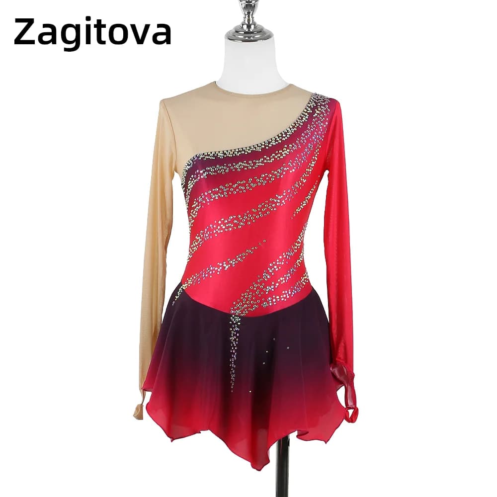 Zagitova Abito da pattinaggio di figura per donna Ragazza Pattinaggio su ghiaccio Gonna a rete Manica lunga Nero Rosso Diamanti sfumati