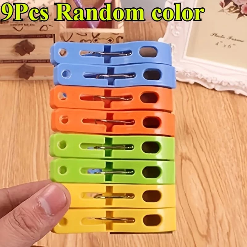 9 Pack Random Bright Plastic Clothes Hangers Windproof Spring Clips Heavy Duty Laundry Pegs For Towels Clothing Indoor Outdoor U