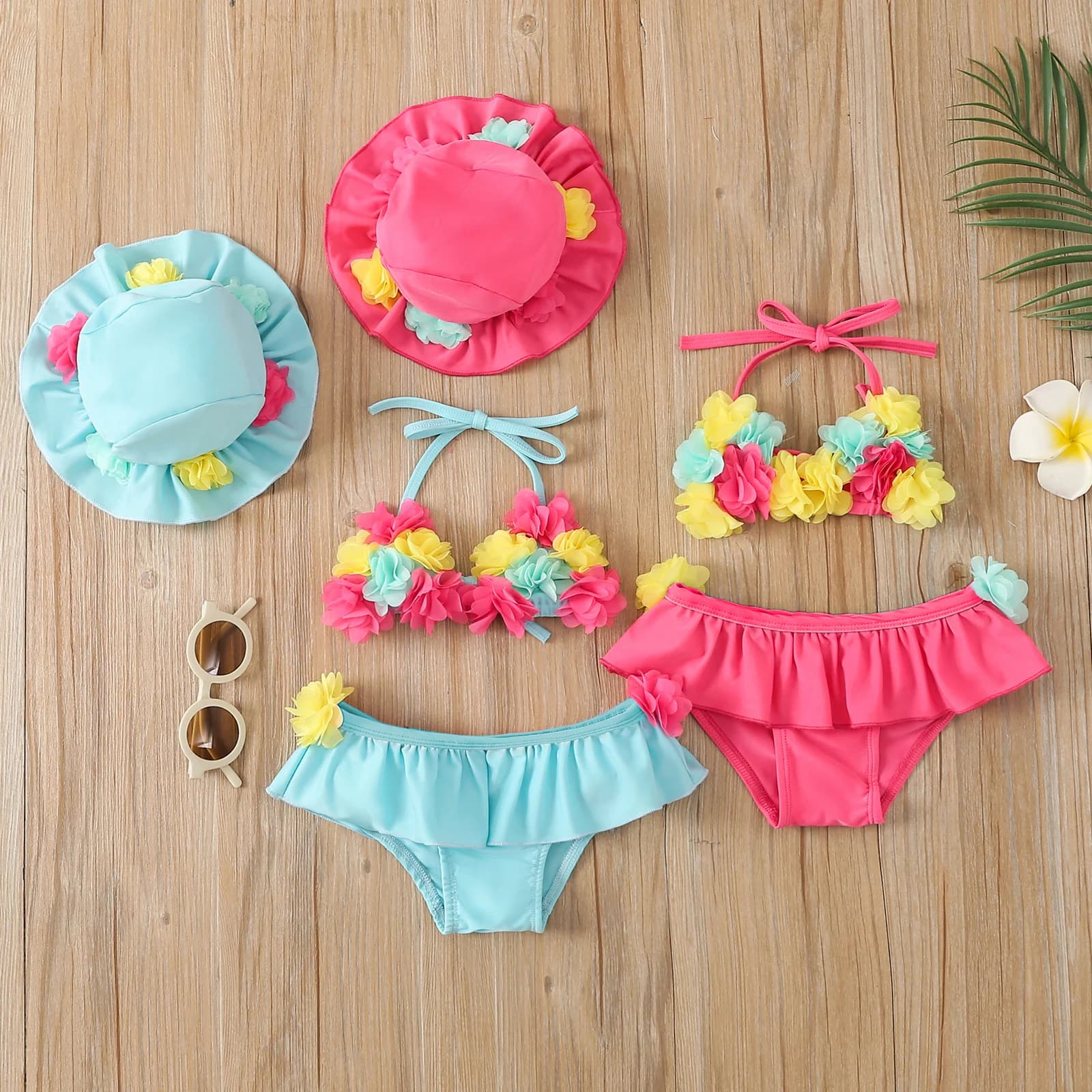 Beach swimsuit for newborn, top with flower American neckline + shorts with volant + bath head, summer 3 piece swimsuit