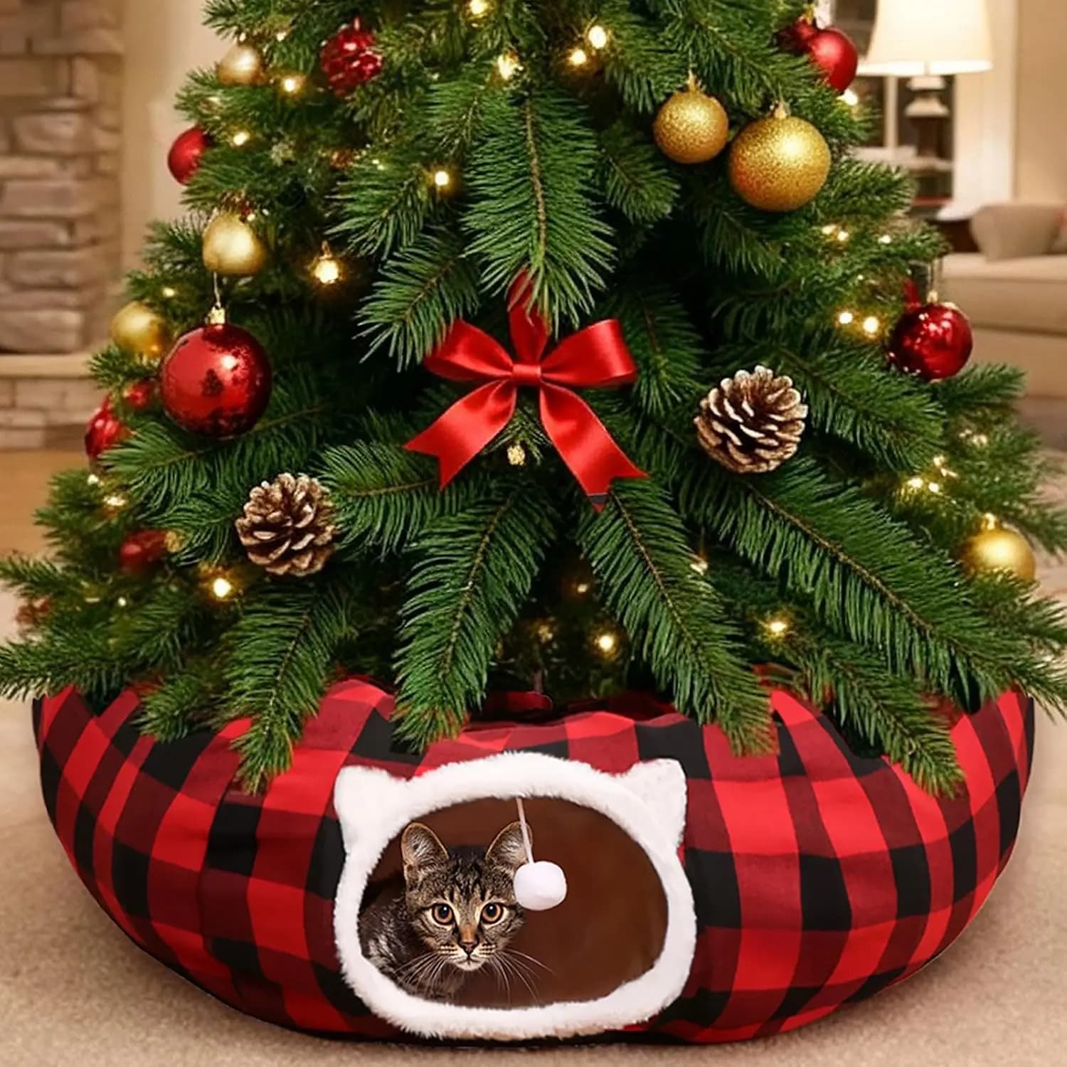Gonna per albero di Natale con tunnel per gatti, plaid di bufalo, tunnel a ciambella per gatti di Natale Peekaboo a due ingressi per piccoli animali domestici