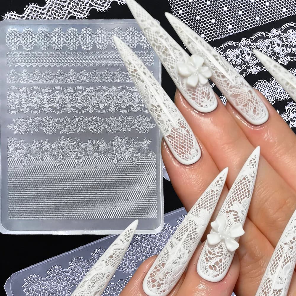Stampo per Unghie 3D in Silicone Morbido con Motivo a Rosa in Pizzo, Ultra-sottile, Francese, Bianco e Nero, Strumento per Nail Art Fai-da-Te