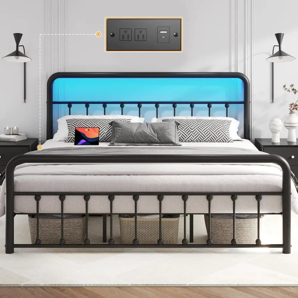 Letto matrimoniale in metallo da 14 pollici con stazione di ricarica, luce LED, piano in ferro battuto, contenitore sotto il letto, senza rete a molle, silenzioso
