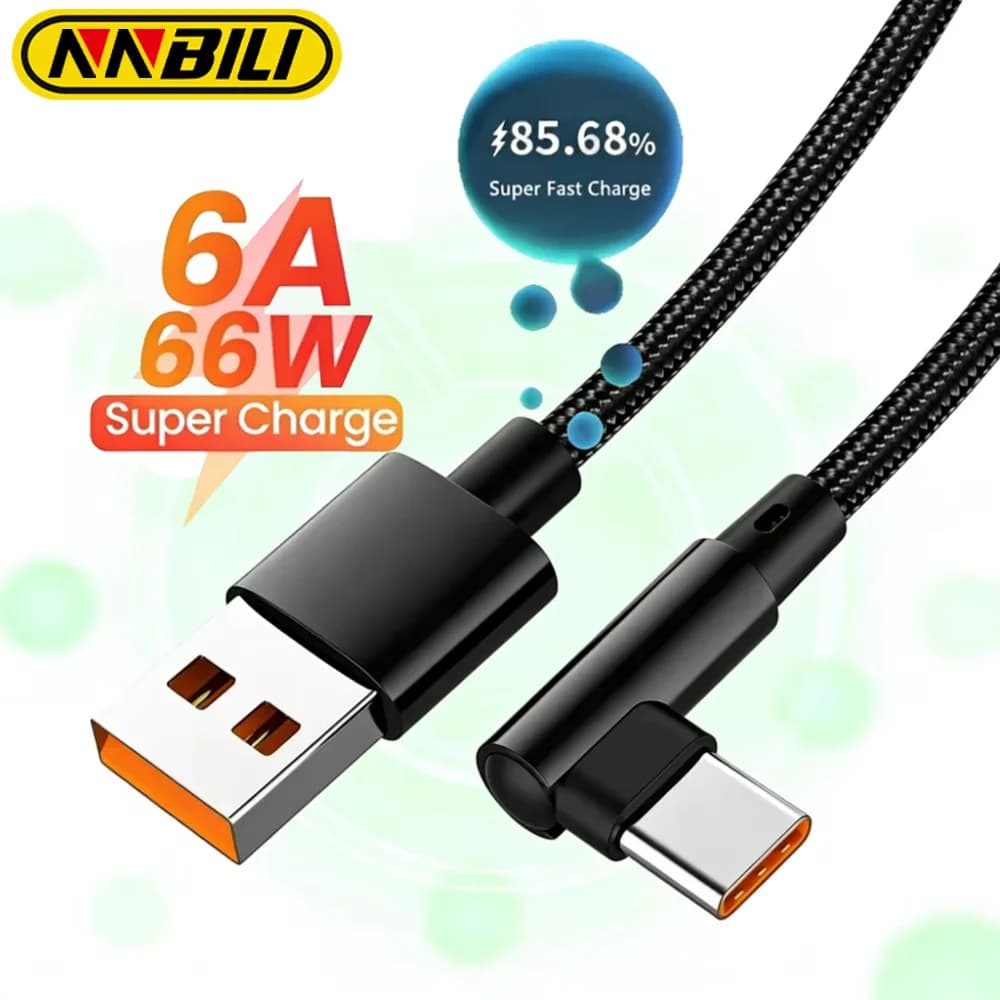 Cavo USB tipo C NNBILI 6A 66W con gomito a 90 gradi, cavo dati per ricarica rapida per Huawei Samsung Xiaomi, caricabatterie per telefono USB C, cavo rapido