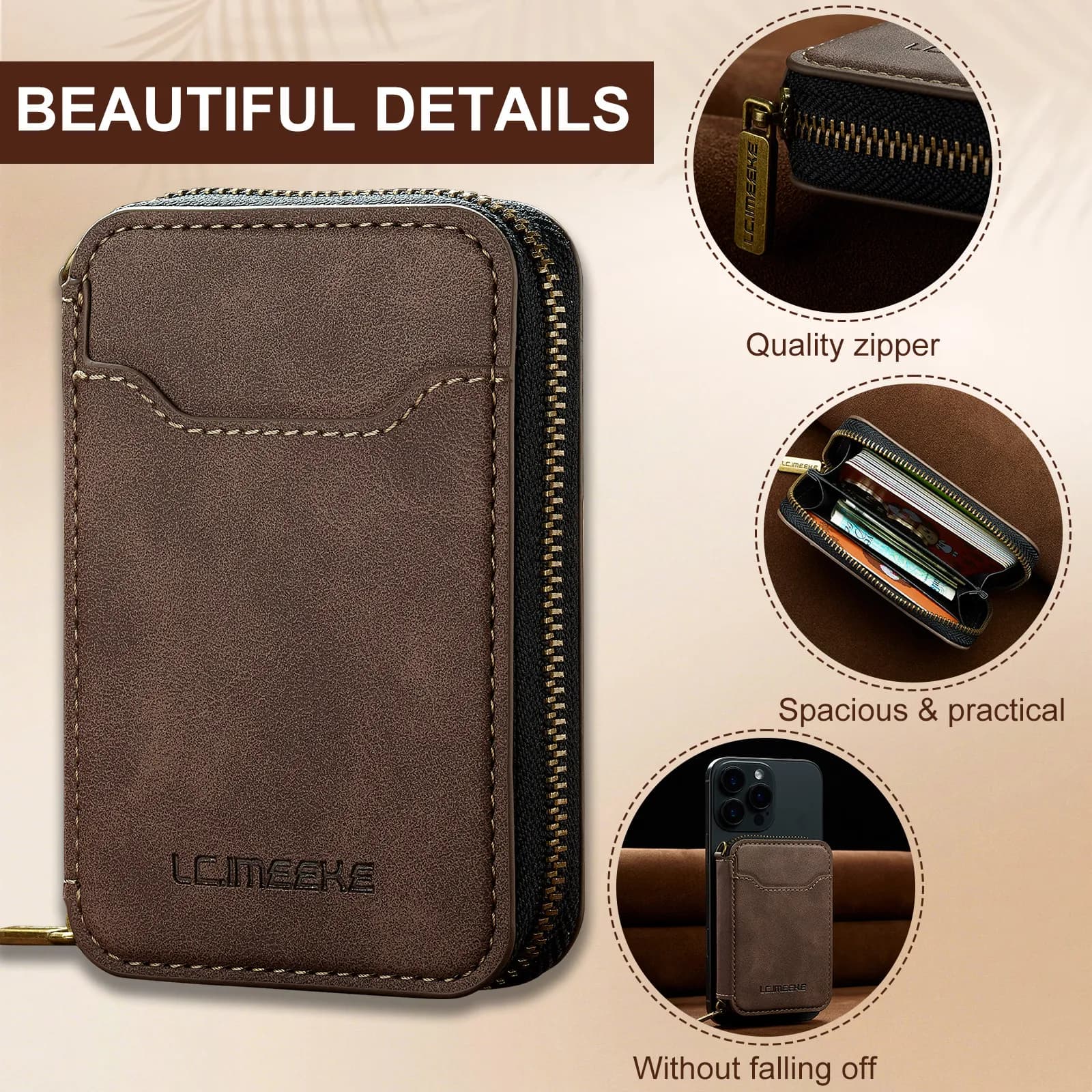 Magnetic Attraction Zipper Leather Card Slot Wallet for iPhone 17 Samsung Galaxy Google Xiaomi Phone MagSafe Magnetic Phone Bag