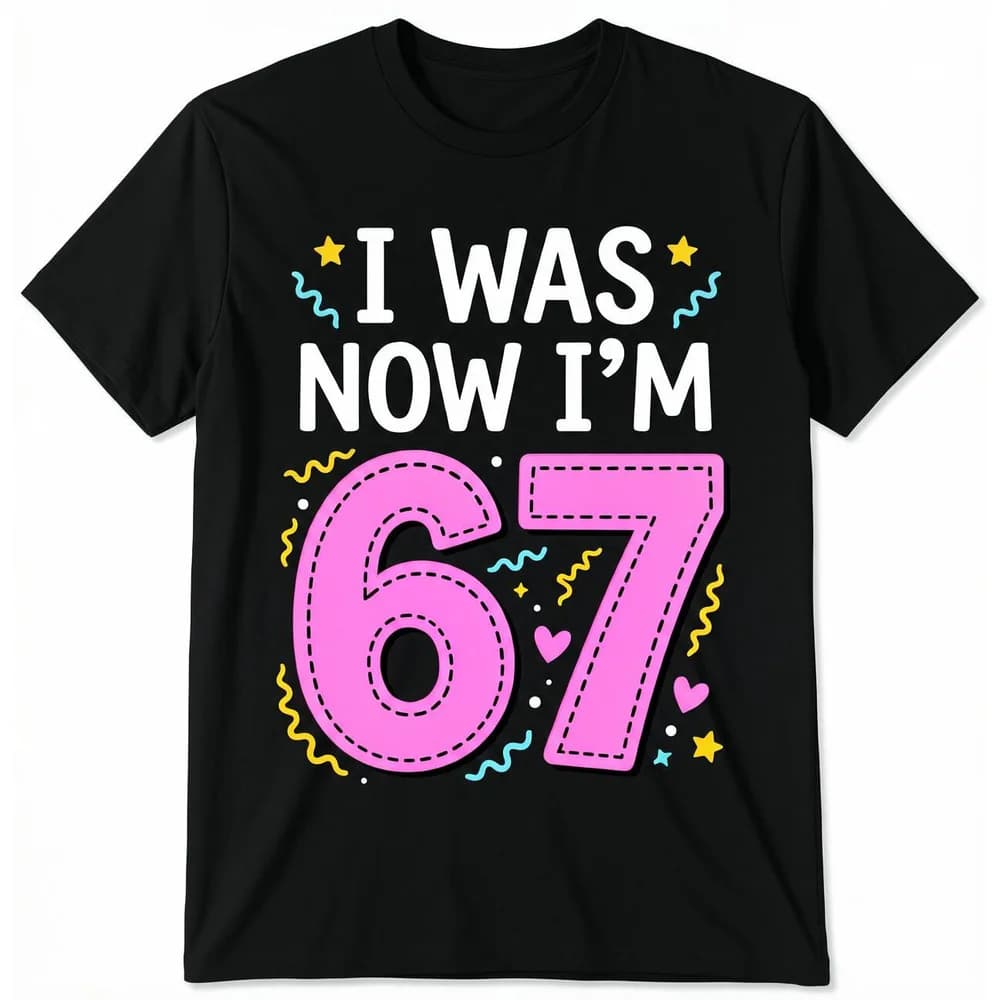 Soft Pure Cotton Cute Pastel Streamer Decor Big Pink Number 67 Letter Slogan T-shirt Children Birthday Party Casual Tops