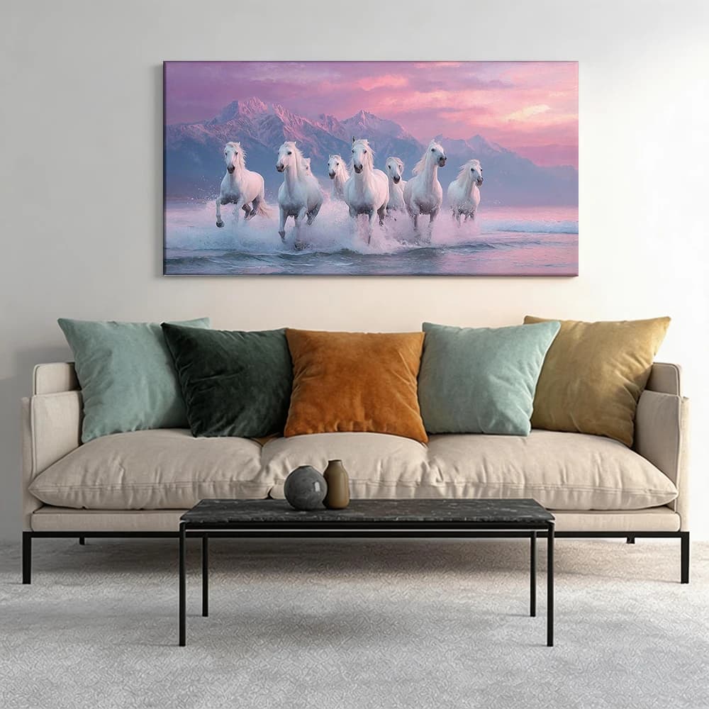 Painted on canvas with large wooden frame, 1 piece, White horses, shallow water.