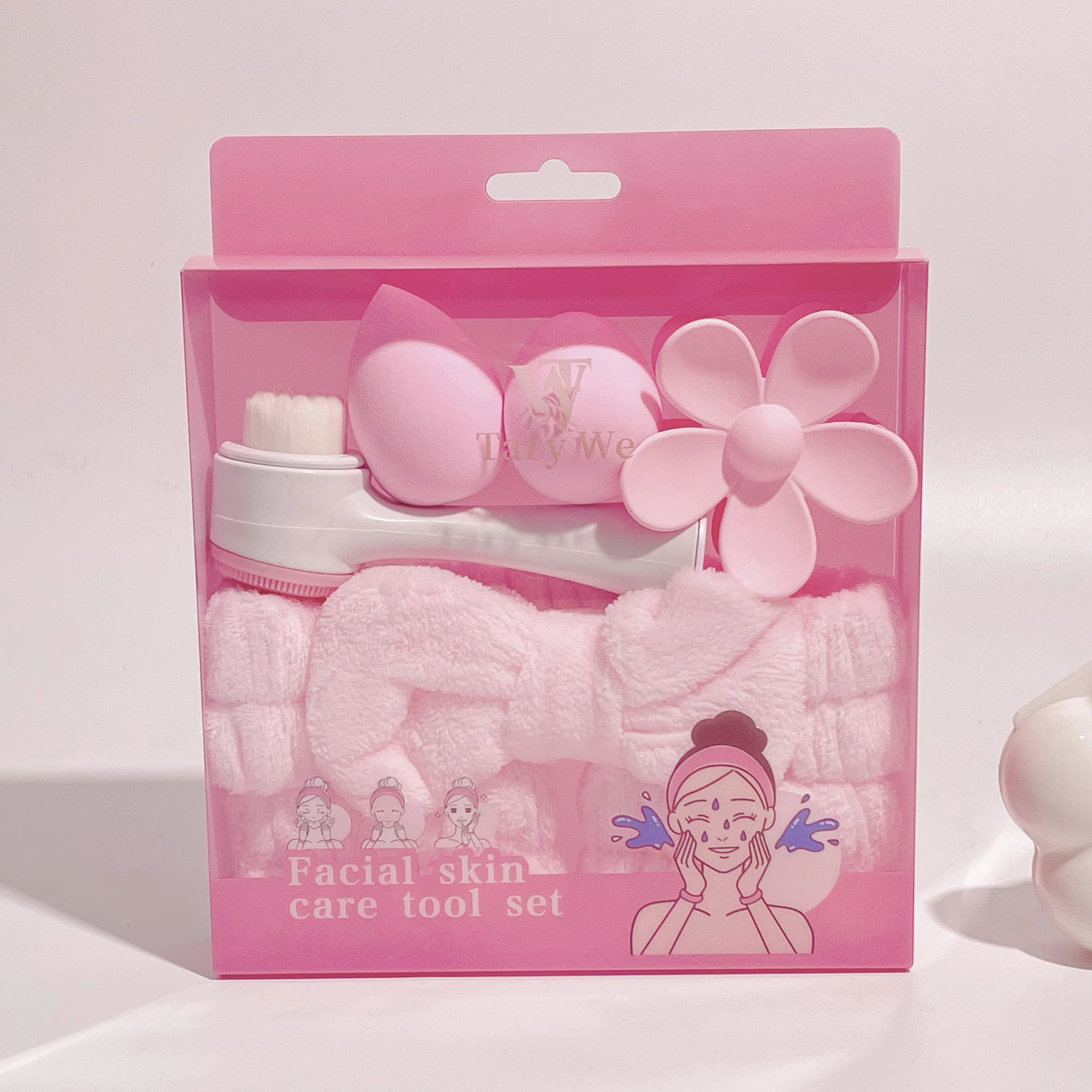 Set da 7 Pezzi per la Cura Quotidiana della Pelle e il Trucco: Fermaglio per Capelli a Fiocco, Spazzola per la Pulizia del Viso, Spugna per il Trucco