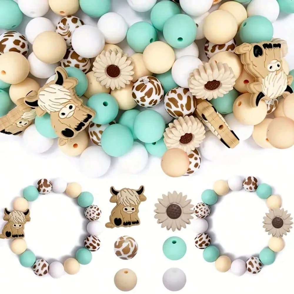 Set di 39 perline in silicone Daisy Highland Cow, perfetti per la creazione di gioielli fai da te, penne, collane, portachiavi, set regalo fatto a mano colorato