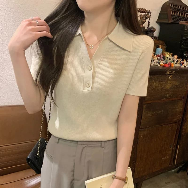 Nuovo Maglione Estivo a Maniche Corte in Maglia per Donna, Pullover con Colletto Rovesciato, Top Femminile Q3950