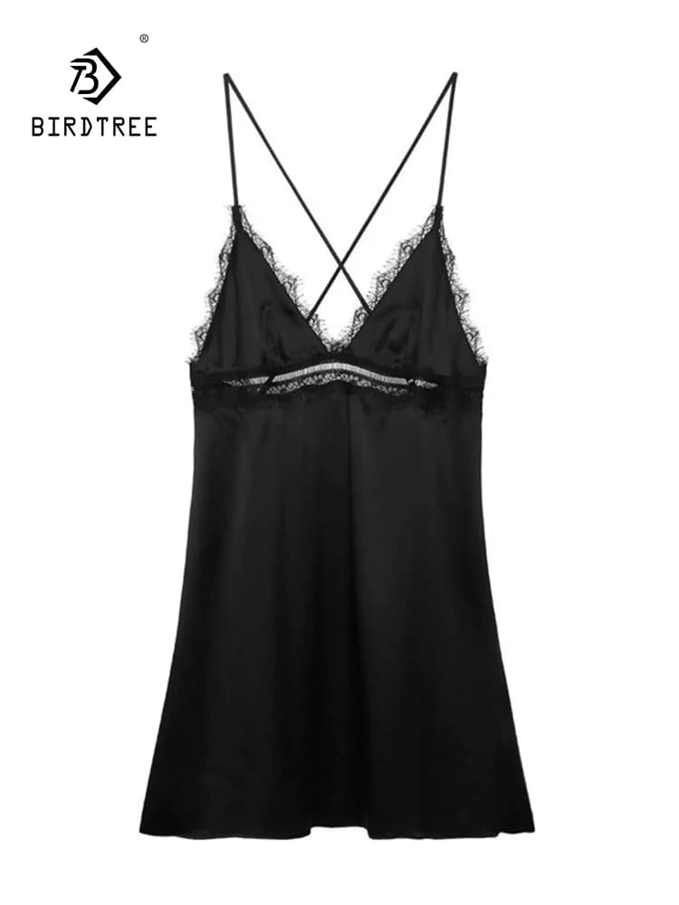 BirdTree,93% Real Silk Pajama Dress,Women Spaghetti Strap Lace,Deep V Neck Sexy Backless Nightgown, 2024 Summer New P43016QC