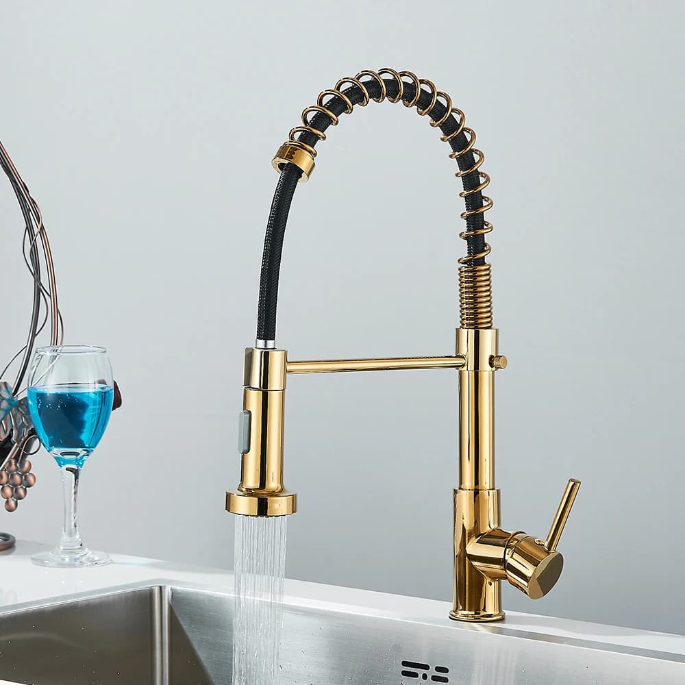 Brushed Gold Kitchen Sink Faucet Installation Faucet on platform with spring removable cold hot mixer