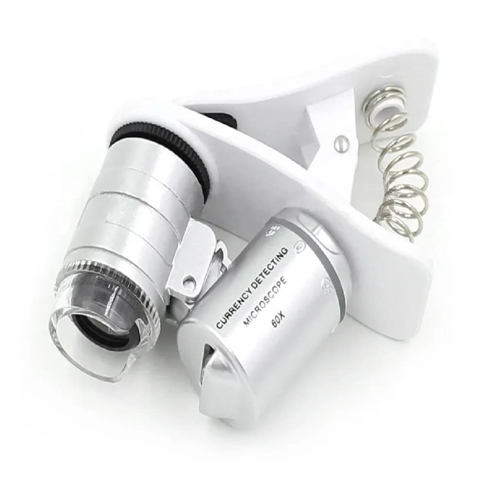Lente d'ingrandimento per fotocamera per telefono con clip 60X Mini microscopio portatile argento con luci LED/UV per smartphone universale