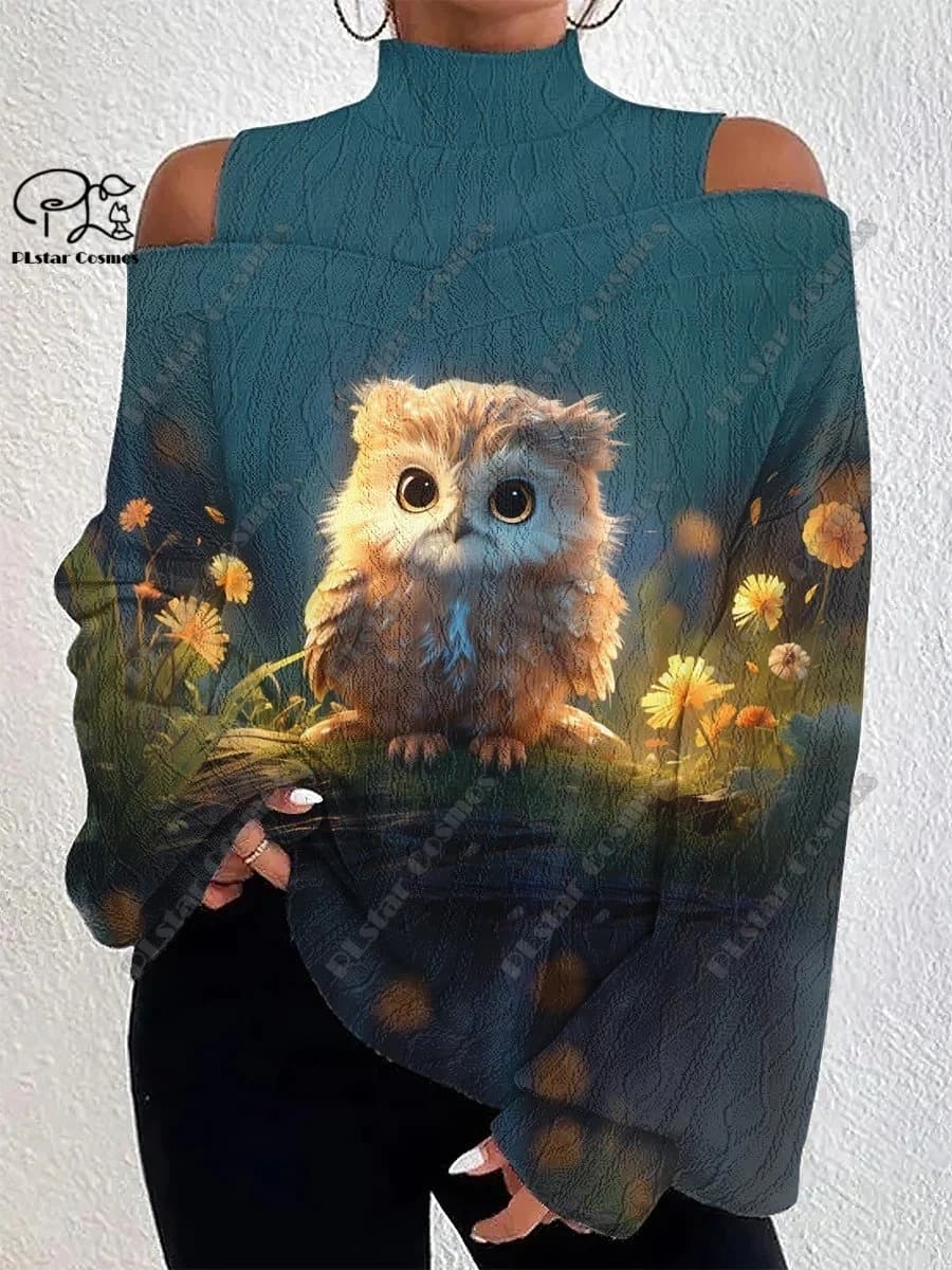 3D Printed Owl Peacock Feather Dream Catcher Pattern Women's Lantern Sleeve Off Shoulder Textured Top Casual Long Sleeve Daily