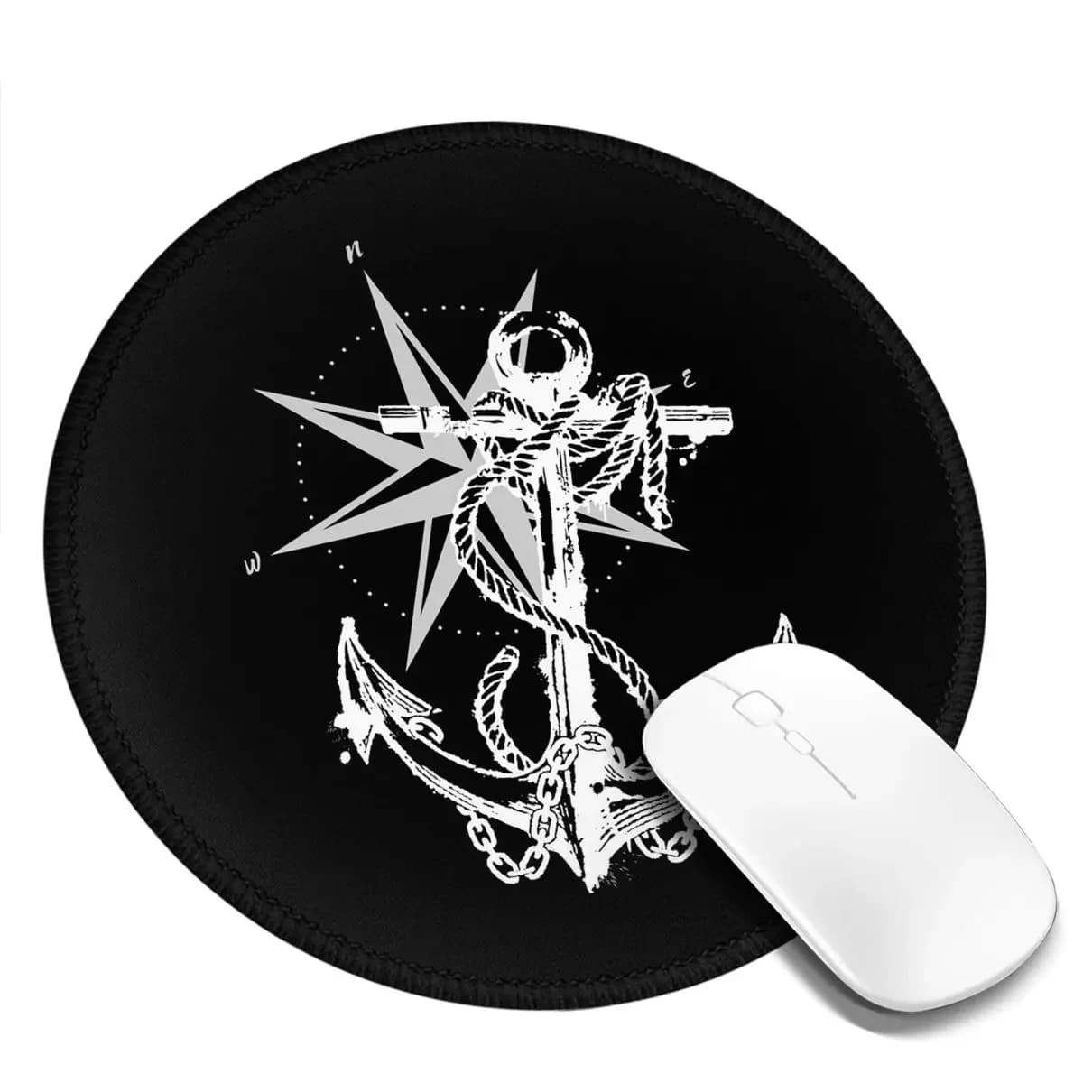 Tappetino per mouse rotondo con bussola nautica, ancora da capitano e barca, per tastiera e mouse, tappetino da scrivania per gamer, laptop, accessori da ufficio e tavolo