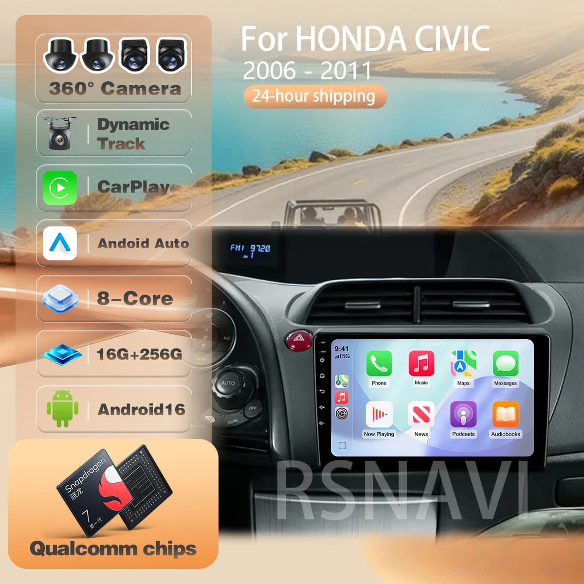 For Honda Civic Hatchback 2006 - 2011 Carplay Auto Player Head Unit Ships in 24 hours 360 Camera Snapdragon Android 16 DSP BT