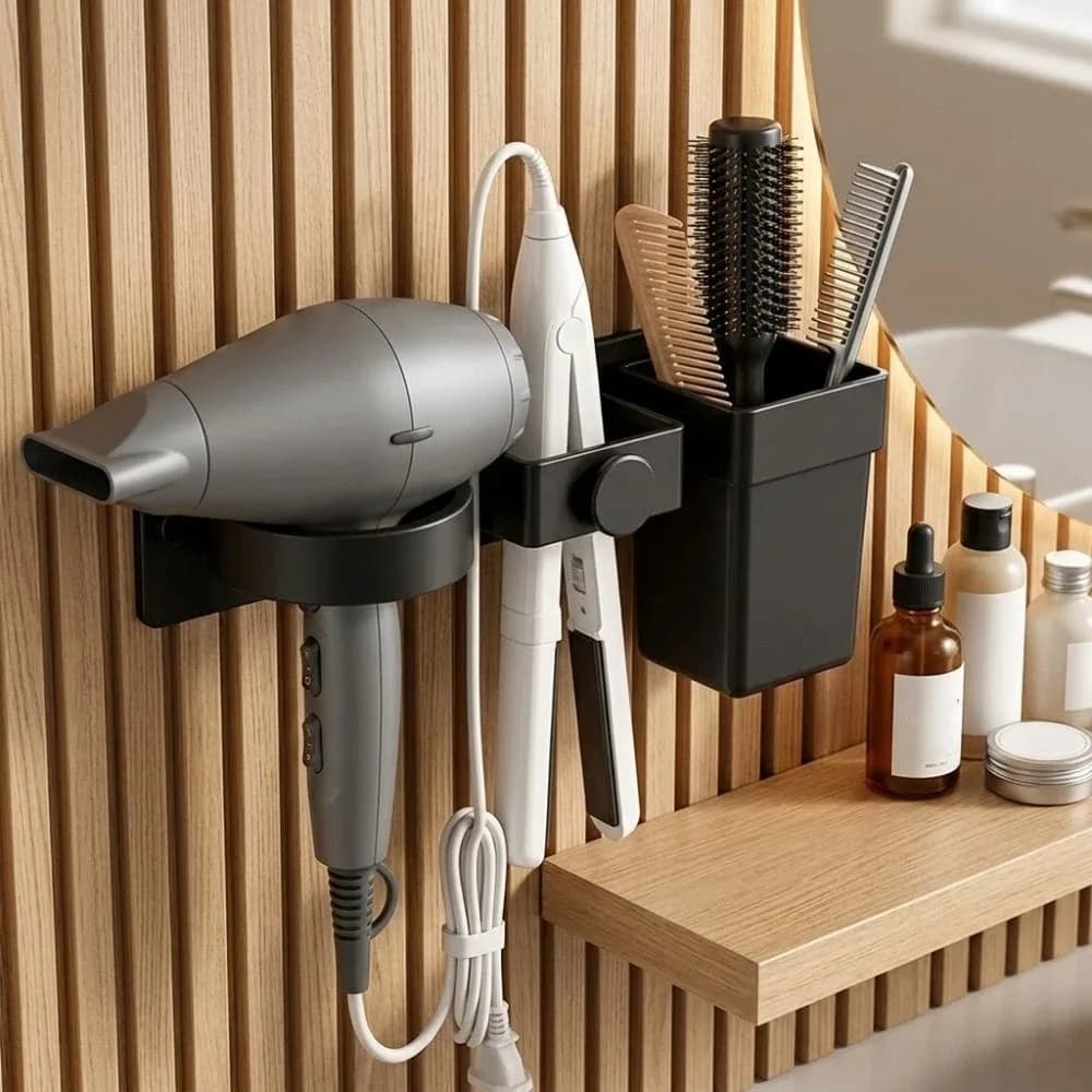 Multi-Slot Wall Mount Hair Dryer Holder Plastic Detachable Cup Curling Iron Storage Rack Waterproof Moisture Resistant