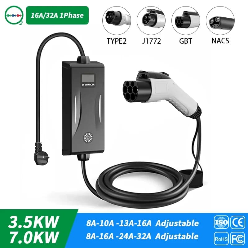 Caricatore EV Portatile con Schermo 3.5-7kW 16-32A, Stazione di Ricarica all'Ingrosso con Borsa per il Trasporto