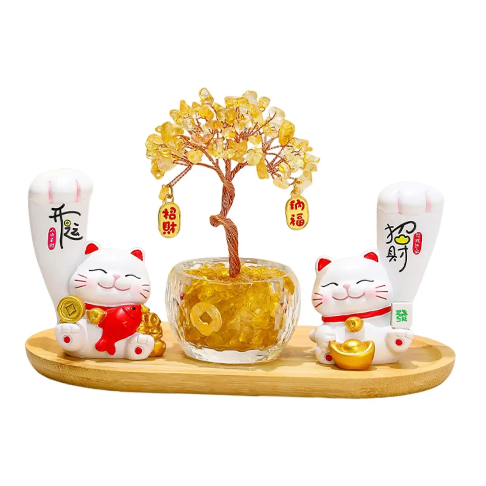 Scultura di Gatto in Resina e Legno, Ornamento Feng Shui Portafortuna con Albero della Fortuna per Mobile TV, Regalo di Compleanno