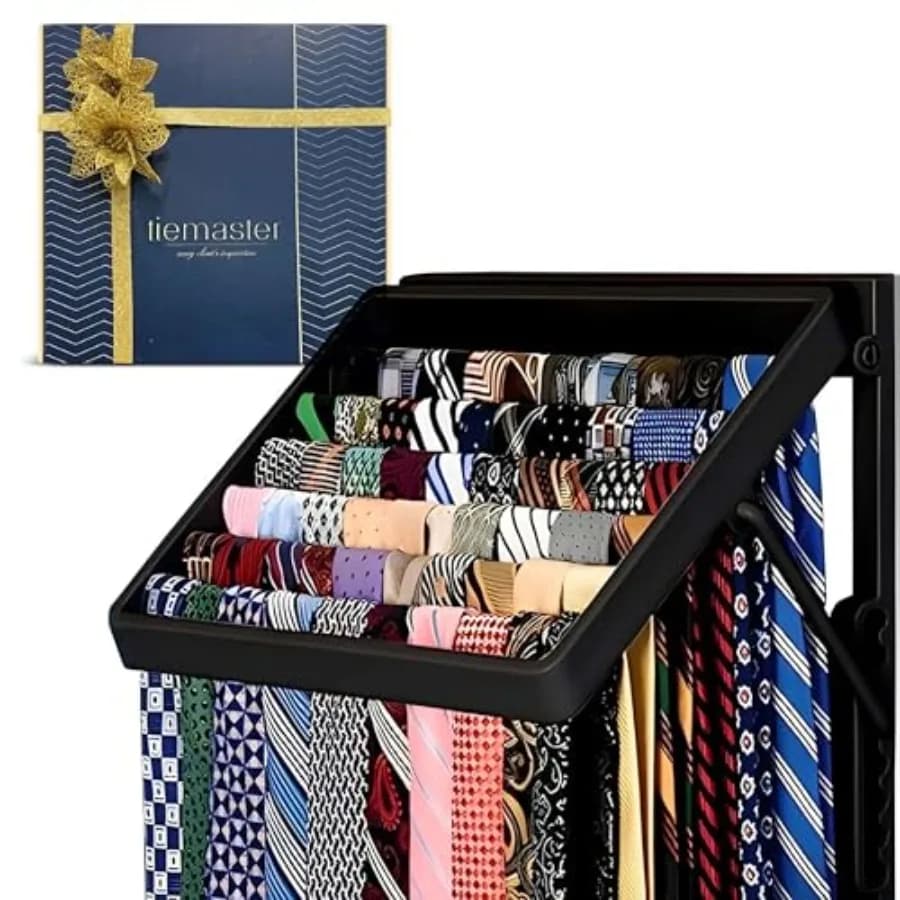 Battery-Free Wall-Mounted Tie and Scarf Organizer with 5 Belt Hooks Holds Up to 60 Ties and Scarves Ideal for Bedroom or Entryw