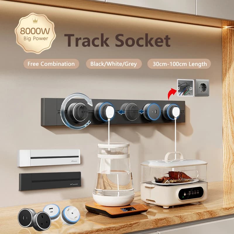 Mobile Track Socket Expansion EU Adapter USB+Type-C Interface Wall Mounted Installation Living Room Kitchen Office Black/White