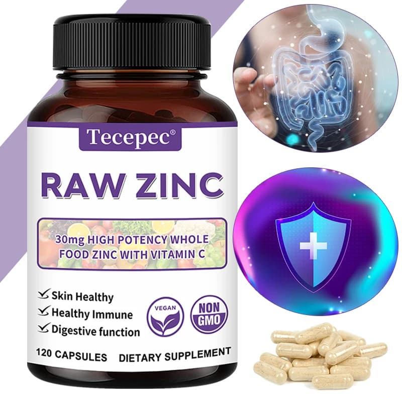 Zinc vitamins - Full dietary supplement of raw zinc with vitamin C, vegetarian, for skin health, immune and digestive function