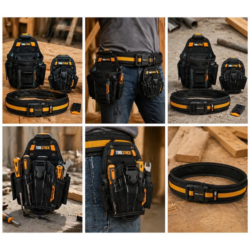 TOOLSTACK 3PCS 1200D Oxford Electrician Tool Belt Set, Adjustable Belt + Multi-Pocket Pouch + Drill Holster for Repair Work