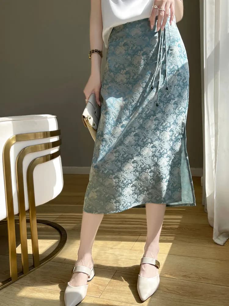 Elegant Floral Embroidery Semi-Body Skirt Women's Summer Thin Silk Satin Knee-Length Long Skirt plus Size Split Umbrella Skirt