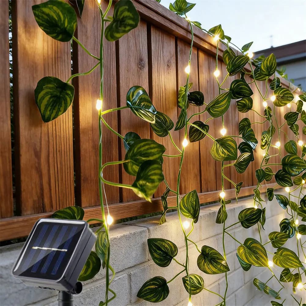Luci a stringa solari a LED 5M 50 LED con foglie verdi artificiali, decorazione per matrimoni, feste, Natale, casa, parete, ghirlanda vegetale