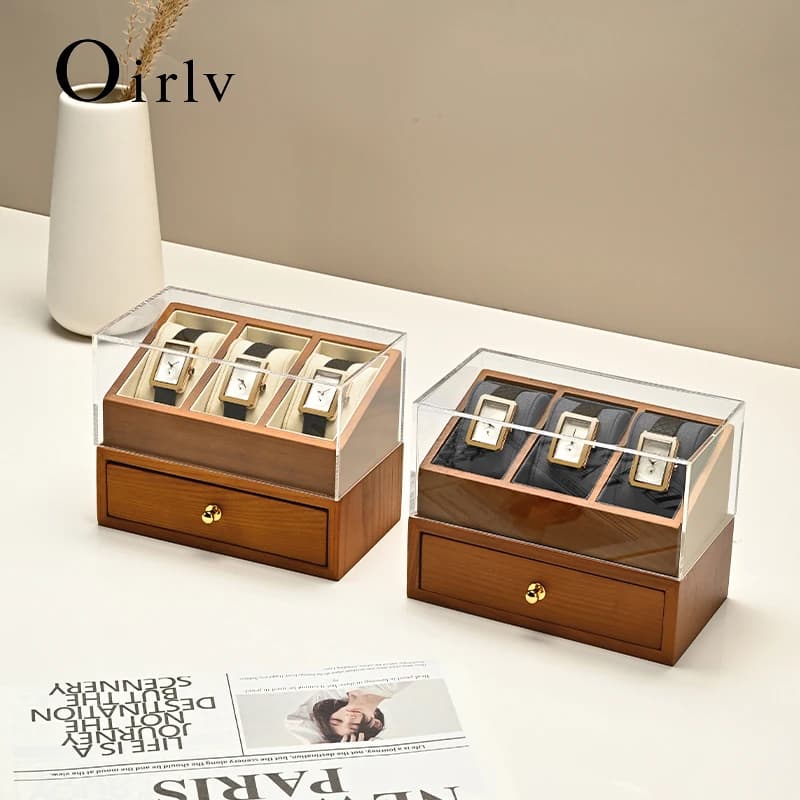 Oirlv Scatola per orologi a 2 strati Organizzatore di gioielli in legno Custodia per orologi da polso Custodia per orologi con coperchio trasparente antipolvere