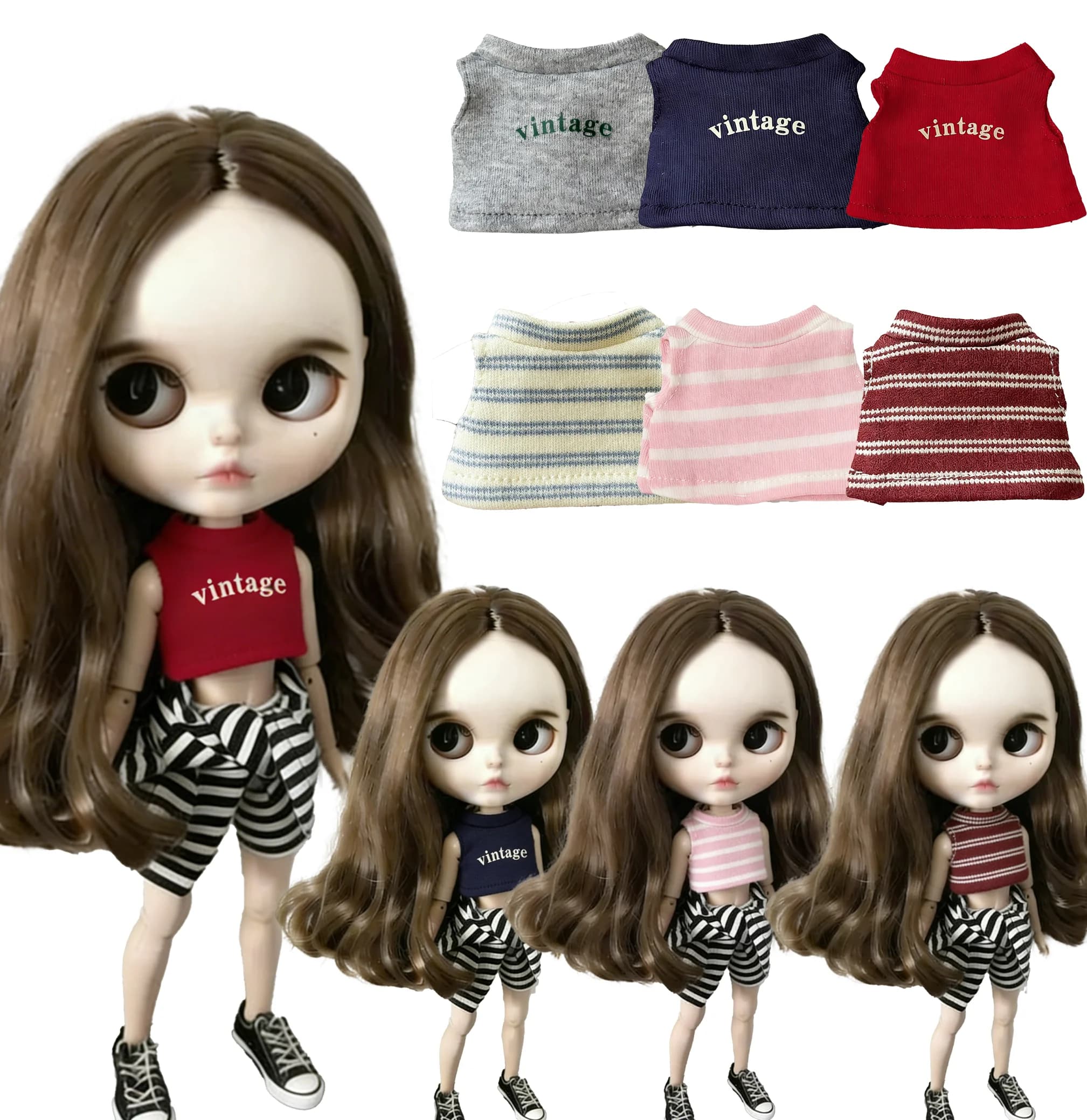 Dresses for Blythe Doll 6/1: Striped vest, Hoodie, T-shirts, Sweater, Complete, Clothing for OB22 OB24, Long legs, HelloKitty, Bambola Azone