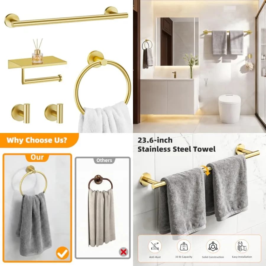 Set di accessori per il bagno da 5 pezzi, acciaio inossidabile SUS304, portasciugamani rotondo, anello portasciugamani, porta carta igienica, 2 ganci appendiabiti, Conceale