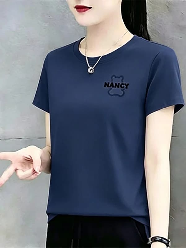 2026 New Design Sense Shoulder Short Sleeve T-Shirt Women's Fashion Versatile Dark Blue Top Summer Breathable Polyester...