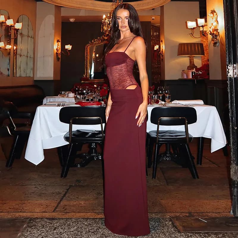 Women's Fitted Lace Maxi Dress Lace-Up Cut-Out Design Seductive and Elegant Evening Gown for Parties, Nightclubs and Outings