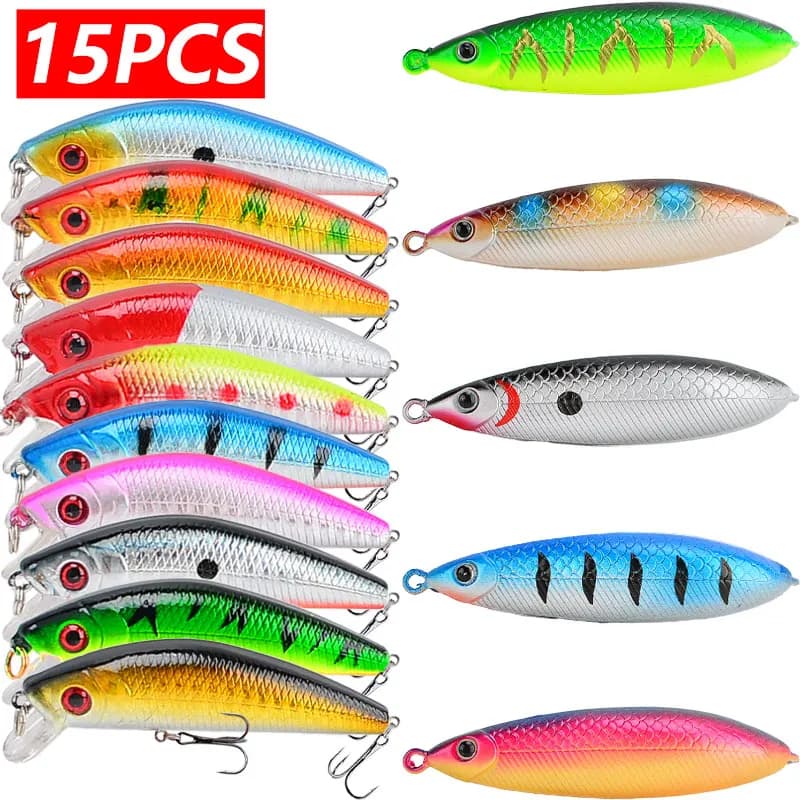 15pcs/lot Fishing Lure 7.8g Minnow & 7.5g Sinking Pencil 3D Eyes Perch Artificial Bait Pike Carp Bait Swim Bait Fishing