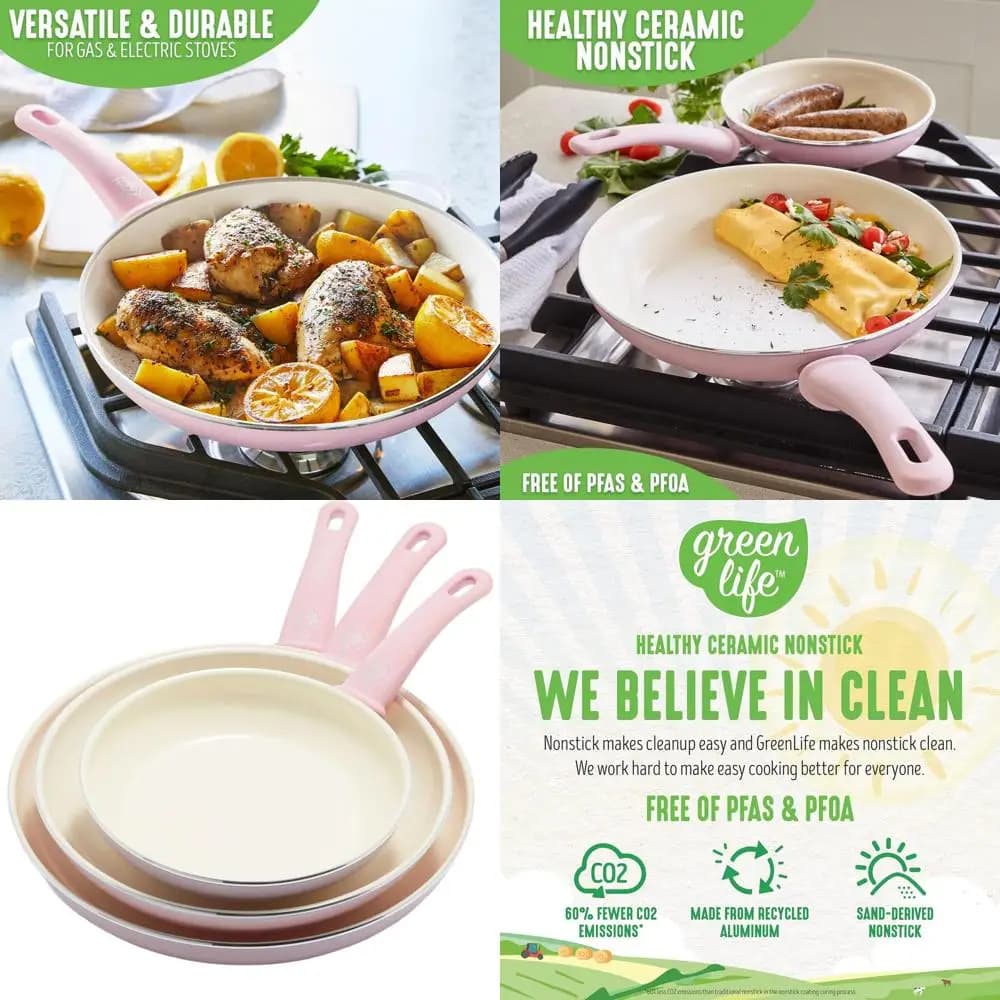 Set of pink ceramic non-stick pans, 8-12 inches, soft handle, without PFAS, dishwasher safe