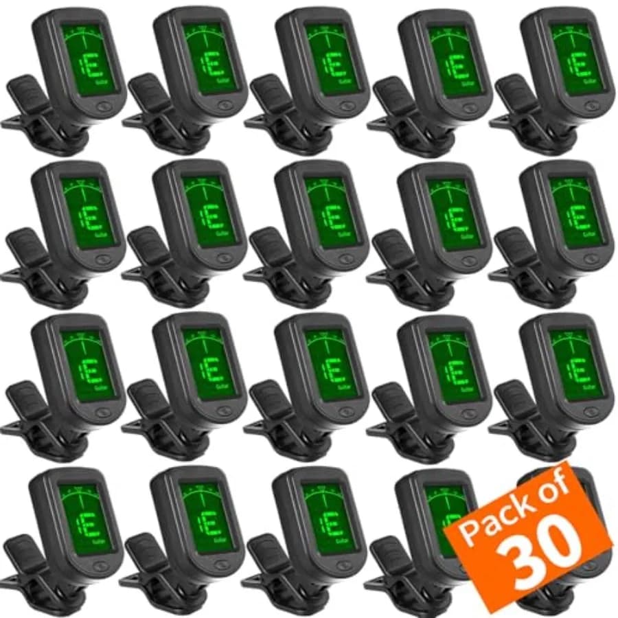 Clip-on tuner for acoustic, electric bass, ukulele, violin, banjo metal body, black finish, high-visibility LED display, 360 ro