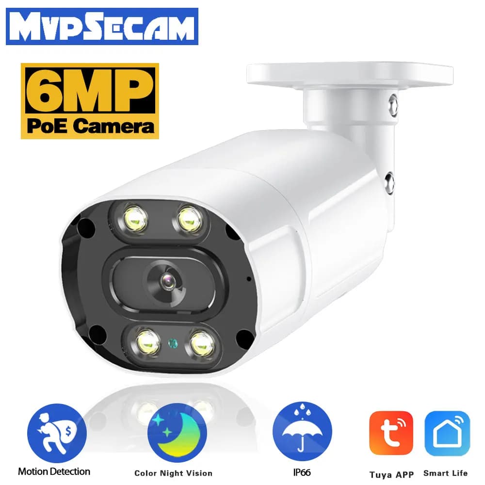 Tuya 6MP POE Camera HD Video Surveillance IP Cameras Outdoor H.265 Bullet-Camera CCTV 2-Way Audio Color Night Vision Smart Life