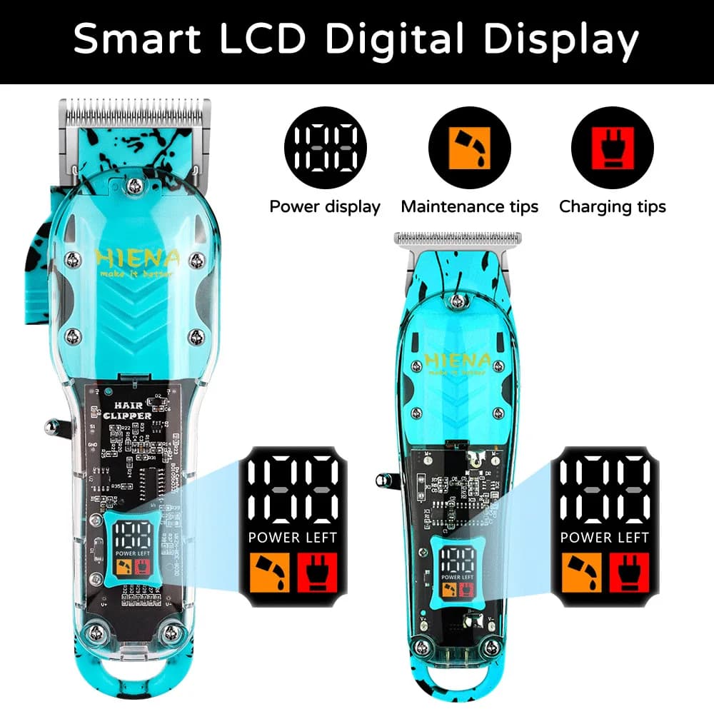 2 piece HIENA Professional Haircut Set Smart LCD Display Fashionable Transparent Haircutting Machines for Barber Hair