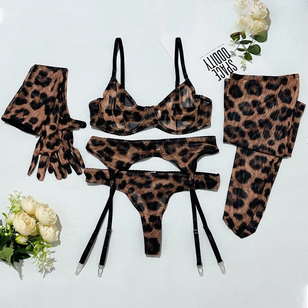 5Pcs Leopard Lingerie Set With Garter Belt Stockings Gloves Mesh Bra and Panty Set Strappy Underwear Erotic Costume For Women