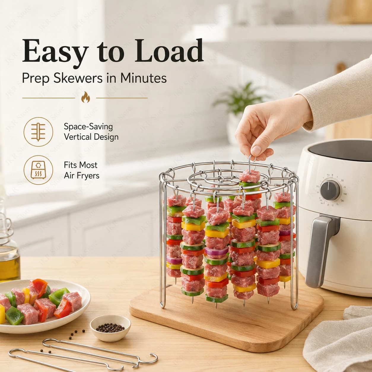 Round BBQ Grill Rack Stainless Steel Vertical Skewer Holder with Hanging Skewers for Air Fryer Barbecue Cooking