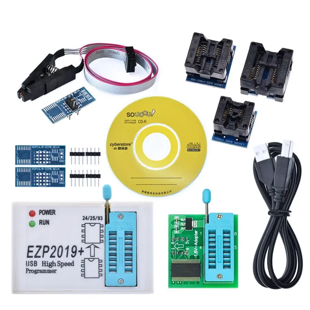 Programmatore USB SPI Flash/EEPROM EZP2019 – Supporto multi-chip (24/25/93/BIOS) con 5 prese adattatori universali