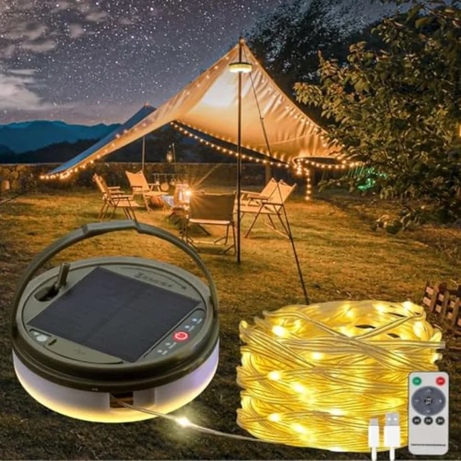 Luci Solari da Campeggio, Catena Luminosa, Lampada LED Portatile Impermeabile 4 in 1 con 8 Modalità di Illuminazione, Ricaricabile e Appendibile