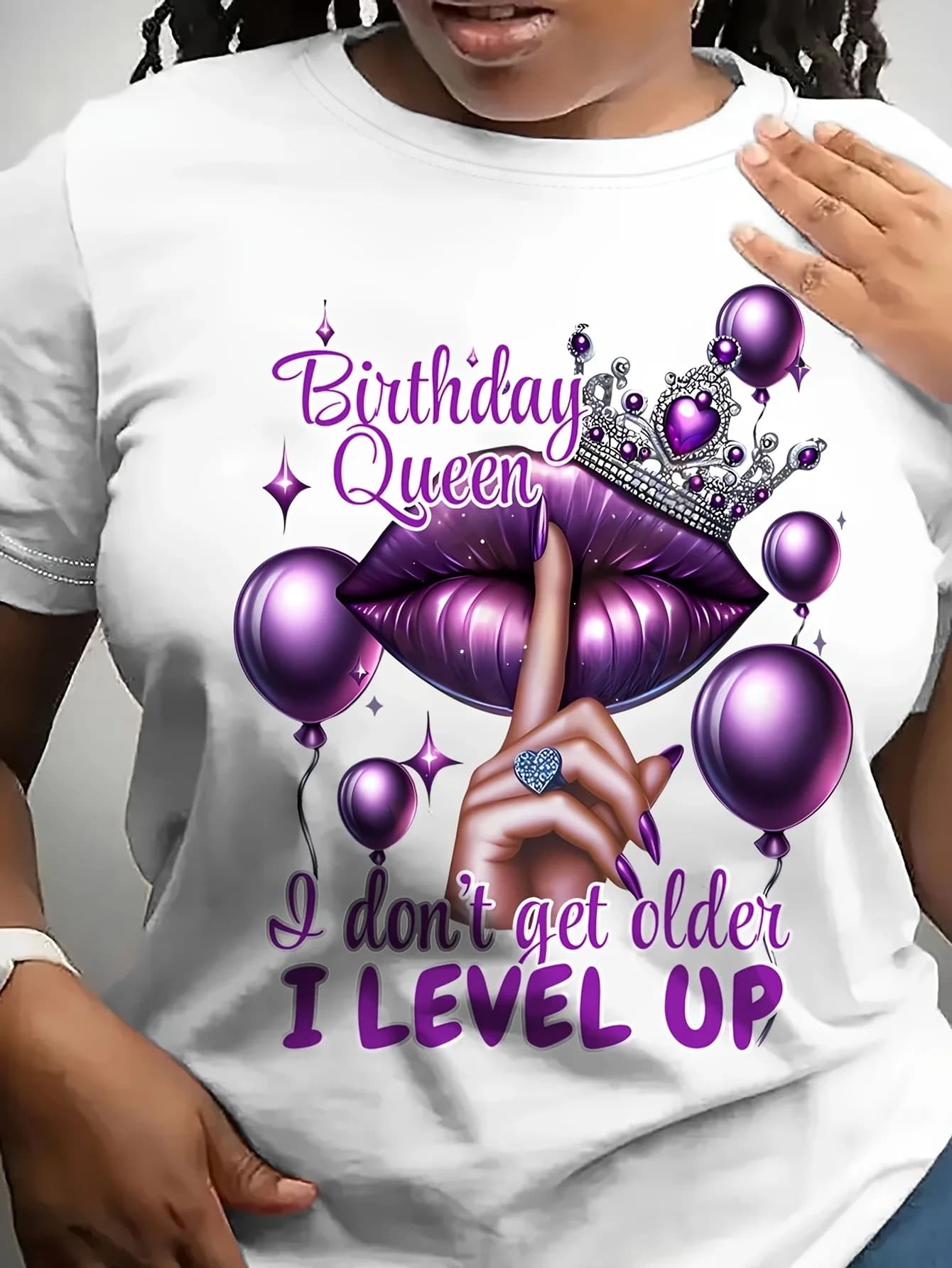 Women T-shirt Thin Woven Crew Neck Short Sleeve Regular Fit Elegant Soft Summer Birthday Queen Purple Lips Crown Graphic White Casual Top